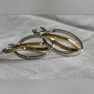 Vintage Crossover Hoop Earrings 925 Vermeil, Elegant Retro 1980s Two-Toned